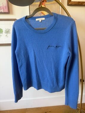 Favorite Daughter Blue Crewneck Sweater with Script Logo
